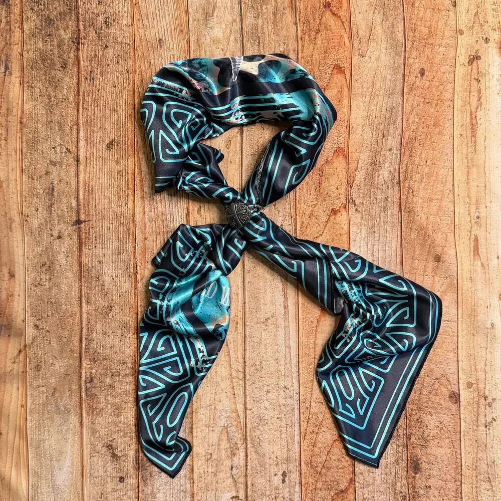 Western Longhorn Print Silky Wild Rag | 36x36 | Black & Turquoise